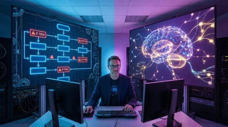 IT professional at a workstation comparing traditional automation flowcharts with AI agent neural networks