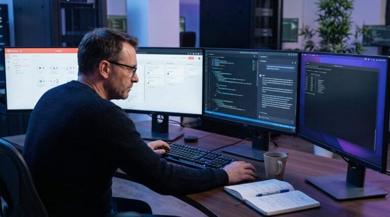 IT professional at a multi-monitor workstation using AI tools including n8n, Cursor, and ChatGPT