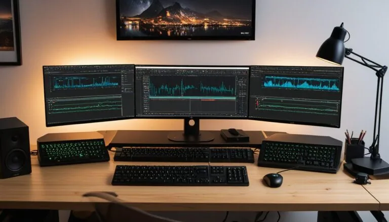 AI agent content pipeline home studio with dual monitors showing image generation and video editing
