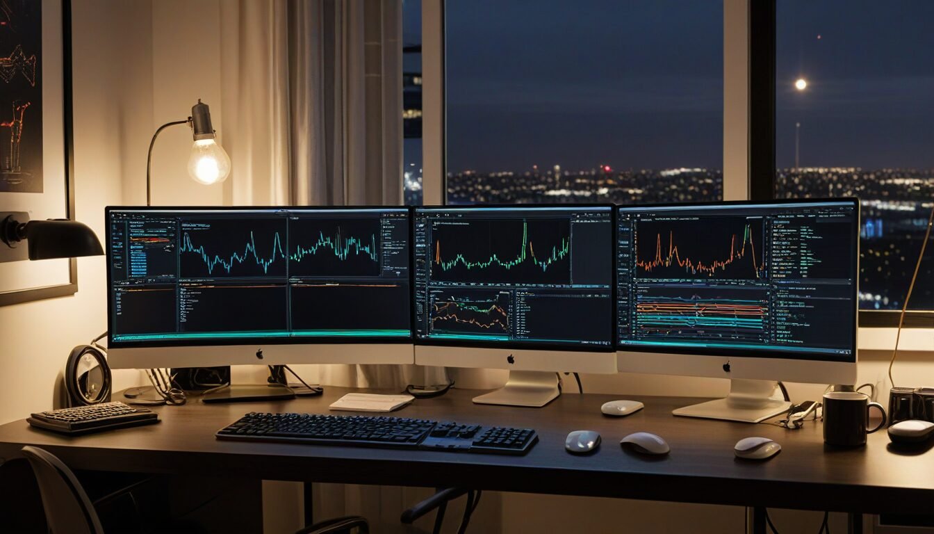 Developer desktop with three monitors showing MCP servers connections and terminal output